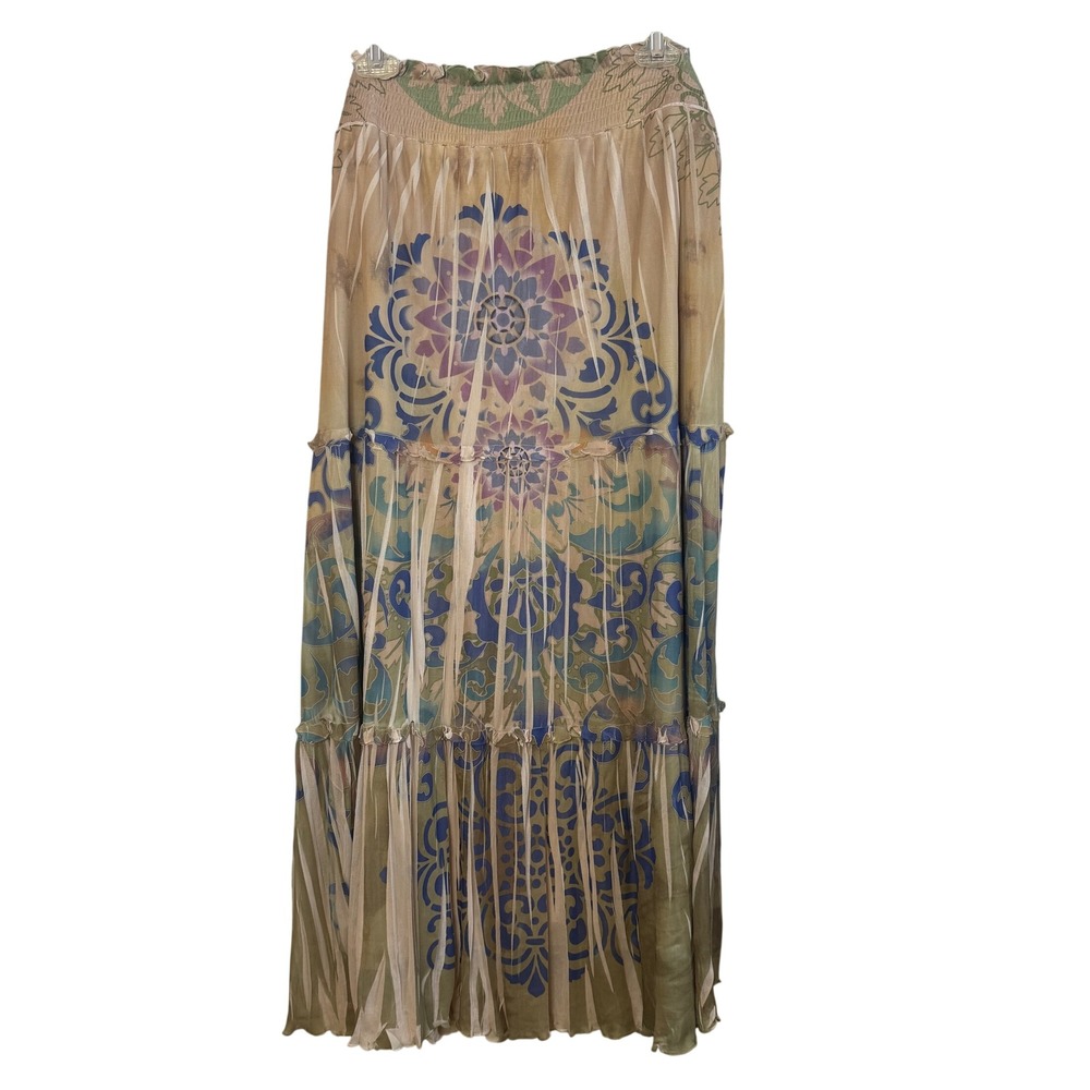 Lane Bryant Women 14/16 Tan Blue Boho Smocked Tiered Pleated Maxi Skirt